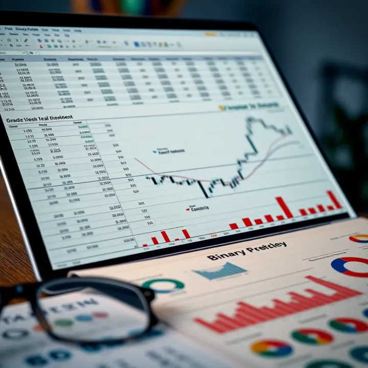 Spreadsheet displaying financial data and graphs for managing binary options trading account