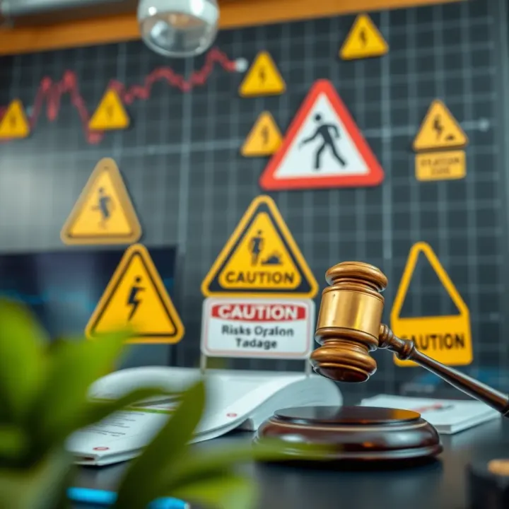 Essential Precautions and Legal Aspects in Binary Options Trading Conceptual illustration of financial risk management with legal symbols and caution signs