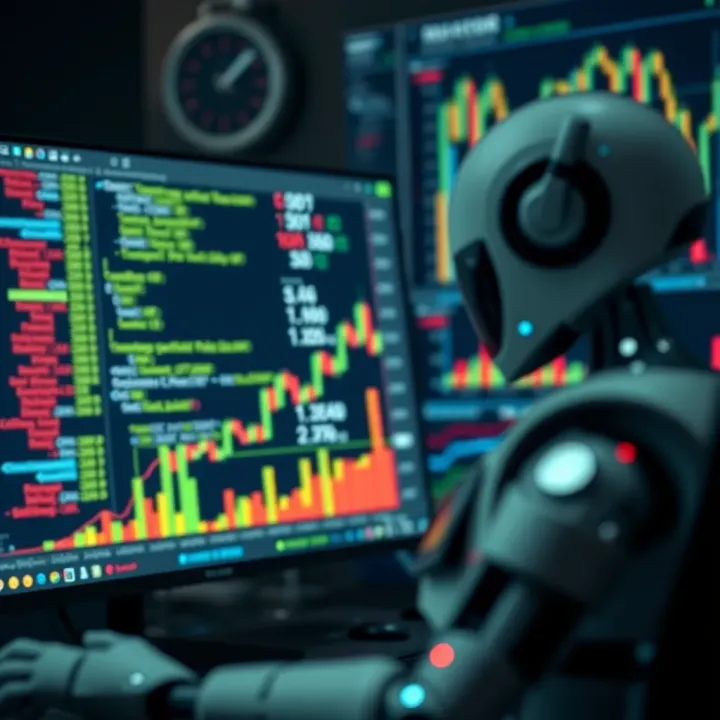 Illustration of code snippets and charts representing the testing and evaluation of trading robot performance