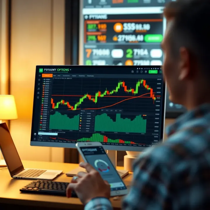 Binary Options Trading Platform Interface Illustration of a computer screen displaying a binary options trading platform interface