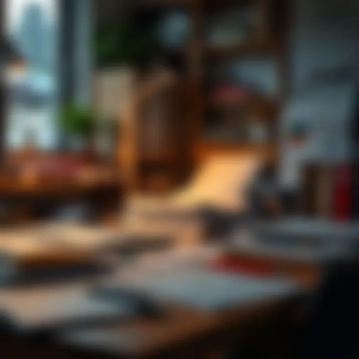 Organizing Research Materials for Effective Market Analysis in Academic Work Organized workspace with research materials and documents for academic market study