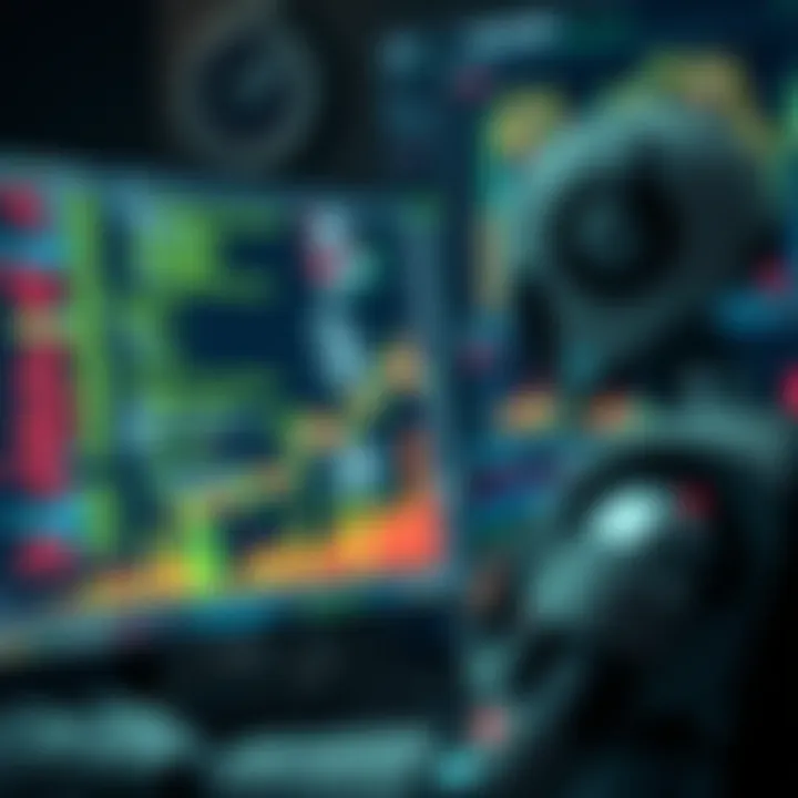 Illustration of code snippets and charts representing the testing and evaluation of trading robot performance