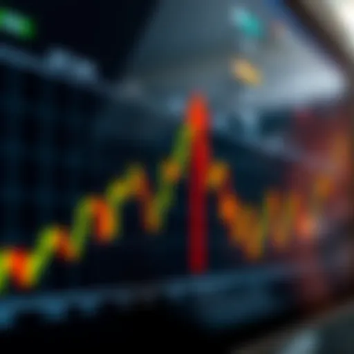 Graph showing binary options trading trends with rising and falling arrows