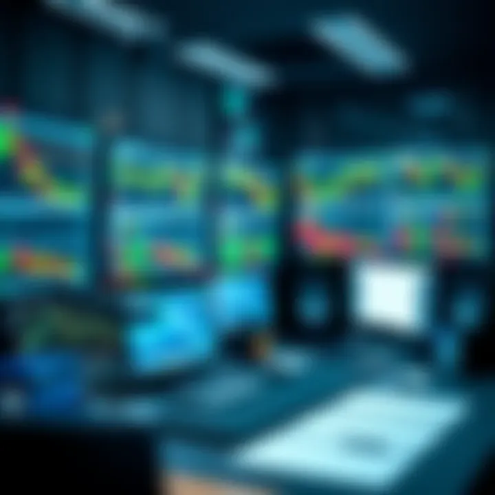 Trading Desk Setup for Day Trading Activities Illustration of a trading desk with multiple monitors displaying financial charts and real-time market data