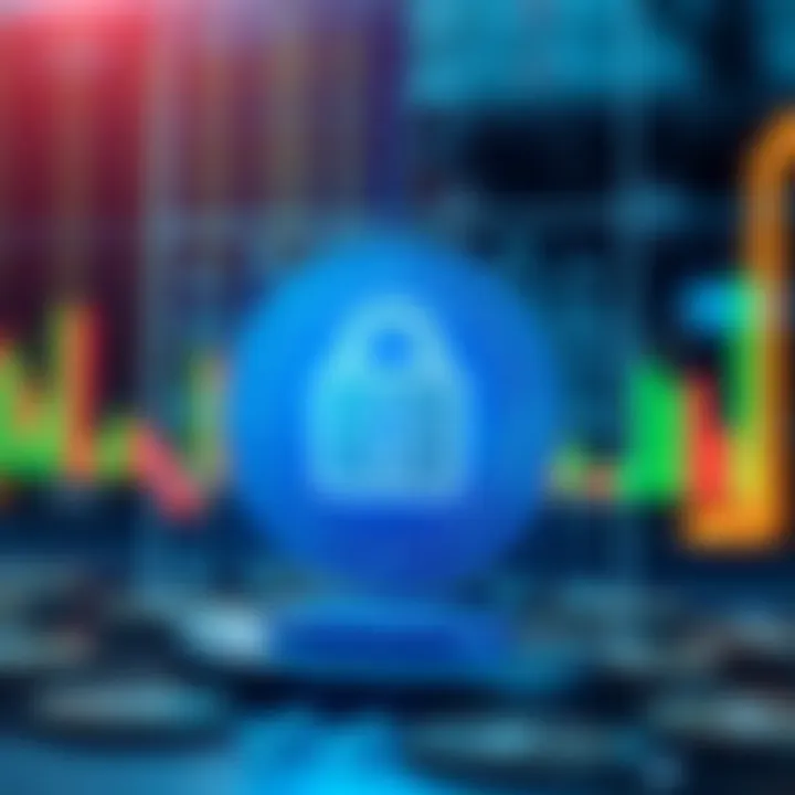 Representation of secure financial transactions with digital lock and currency symbols