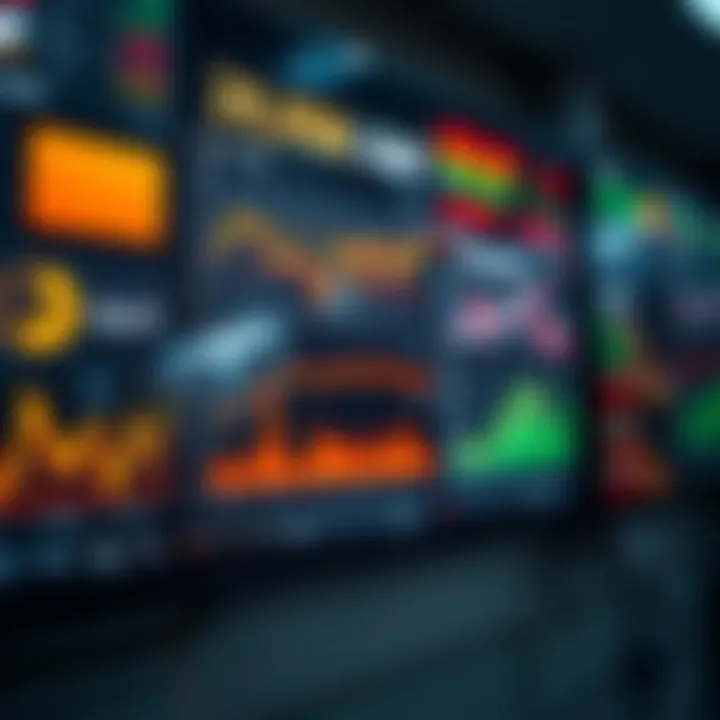 Financial charts and economic indicators displayed on a digital board