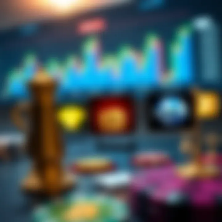 Graphic displaying financial charts and casino game icons representing investment and gaming demo accounts