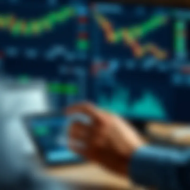 Hand interacting with financial charts and data on a digital device for futures market practice