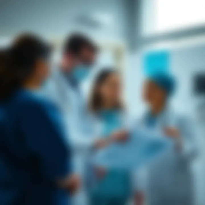 Hospital staff reviewing medical charts and discussing patient safety protocols in a clinical setting
