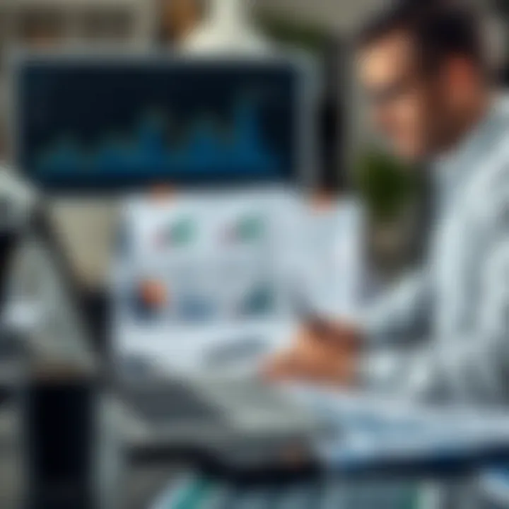 Business professional analyzing market data charts with laptop and reports on desk