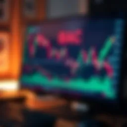 Chart showing upward and downward trends with candlestick patterns on a computer screen