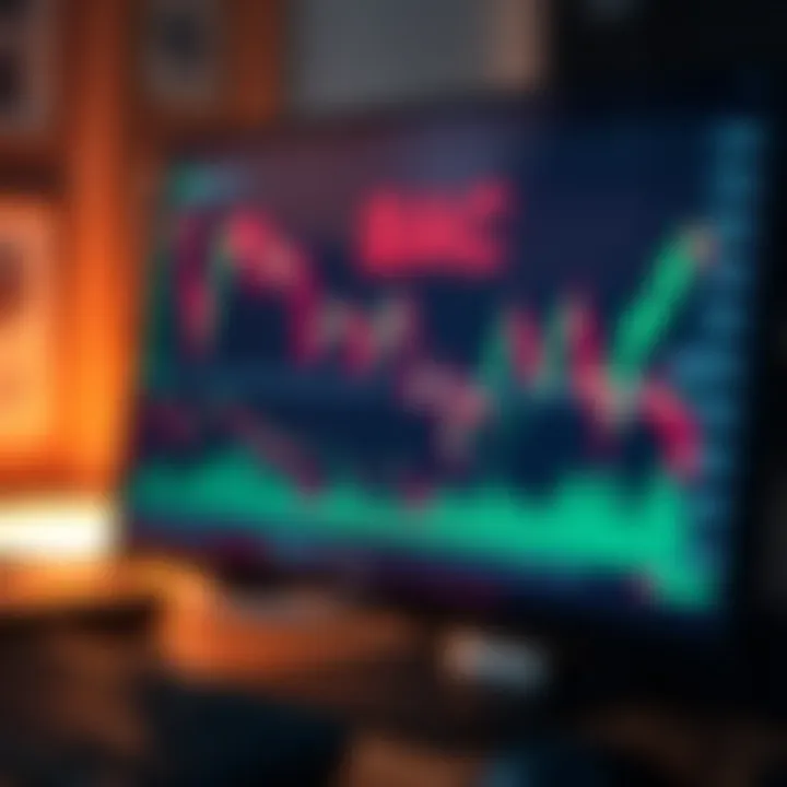 Chart showing upward and downward trends with candlestick patterns on a computer screen