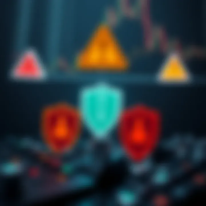 Risks and Protection Strategies in Binary Options Trading Visual representation of risks in binary options trading with warning symbols and protective shields