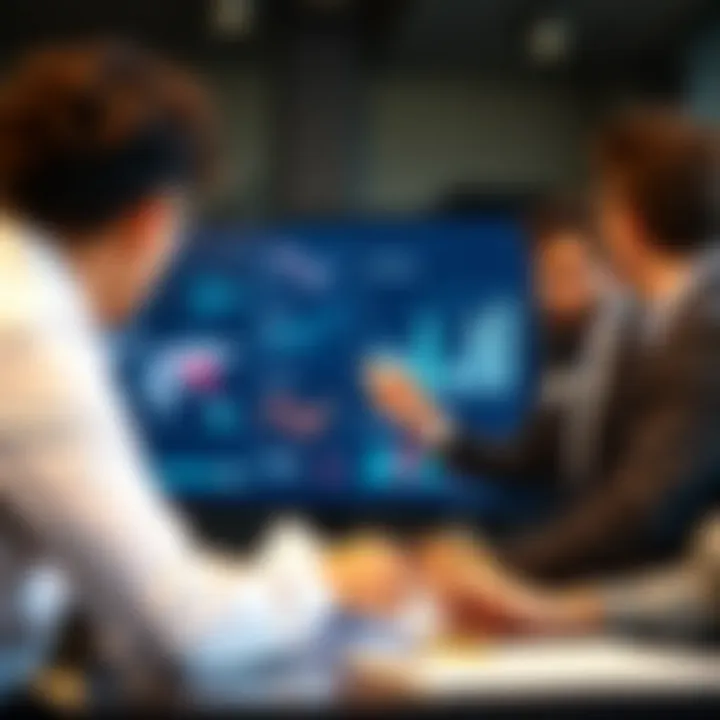 Collaborative Review of Market Analysis for Business Decision-Making Business professionals discussing strategic market insights displayed on a large screen