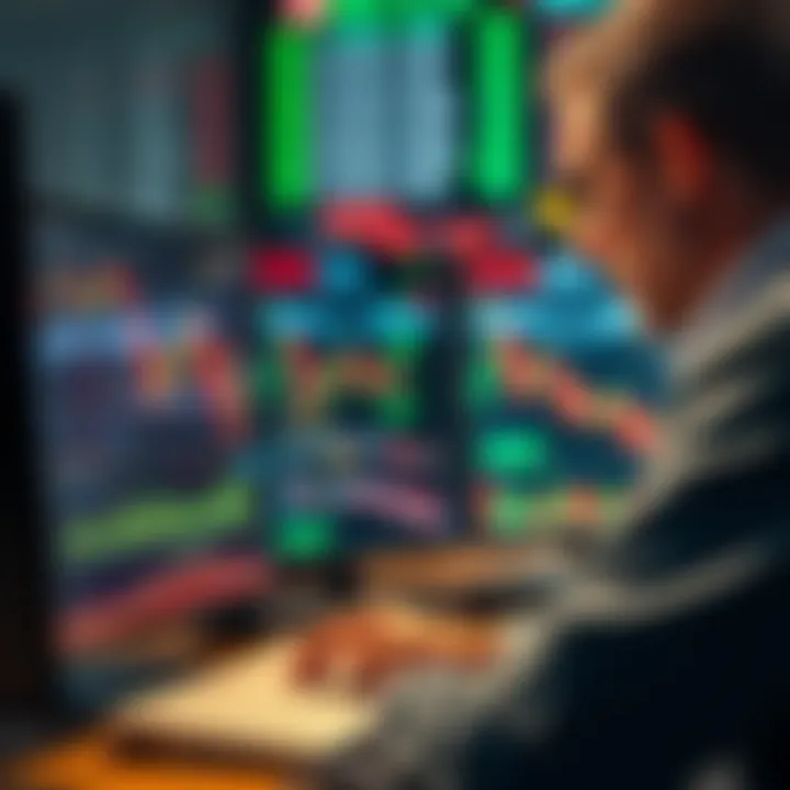 Illustration showing trader analyzing stock charts with indicators for swing trading and day trading