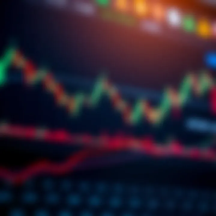 Graphic showing cryptocurrency market fluctuations with candlestick chart and trading indicators