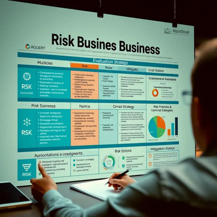 Business strategy board displaying risk categories, evaluation metrics, and mitigation strategies