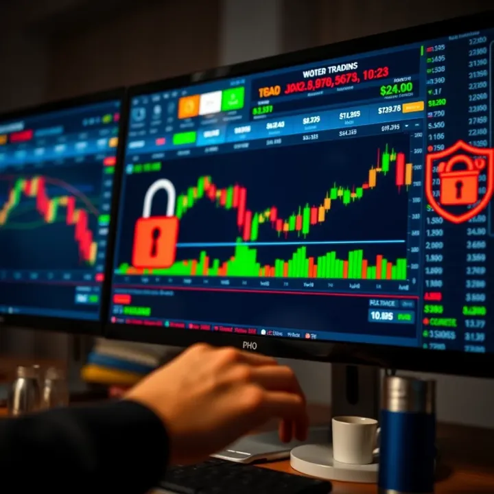 Secure online trading platform interface showing binary options charts and security icons