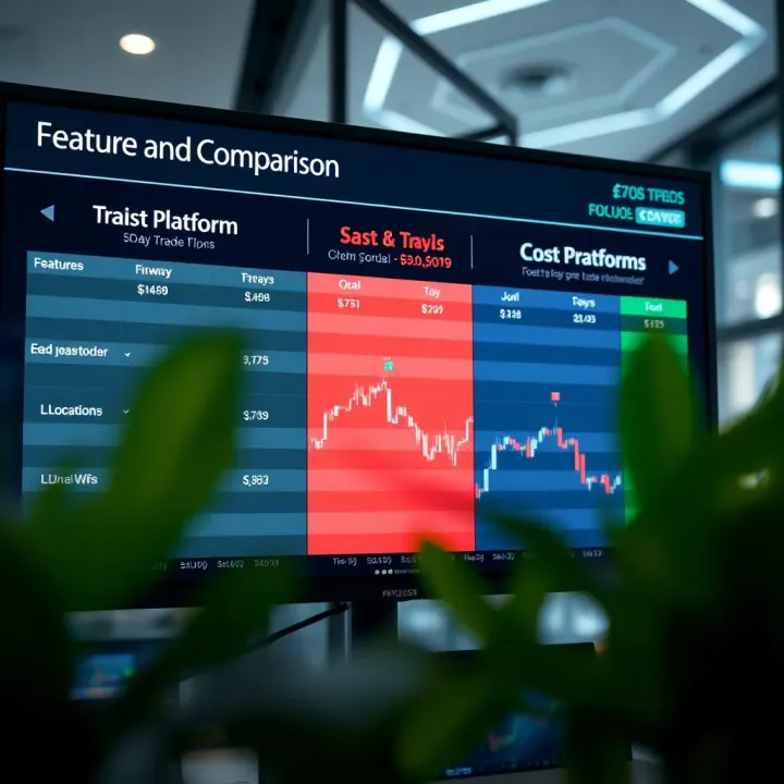 Feature and Cost Comparison of Day Trade Platforms Comparison of features and costs for various day trading platforms displayed on a digital screen
