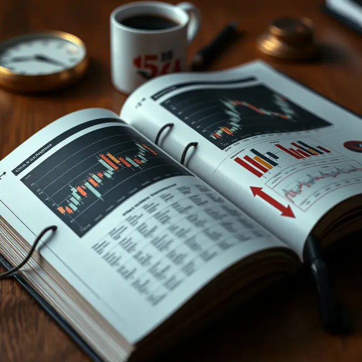 Open book displaying charts and graphs related to binary options trading strategies