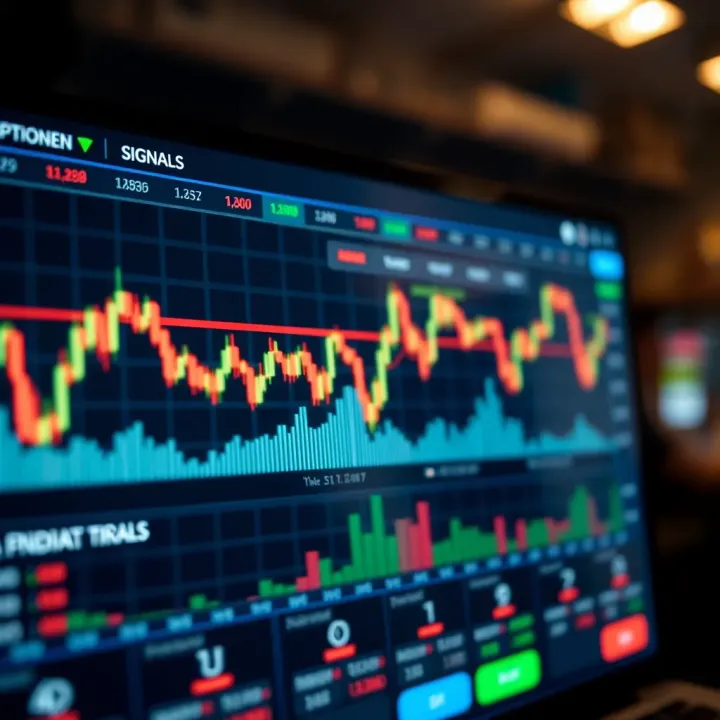 Graph displaying binary options trading signals and market trends on digital interface