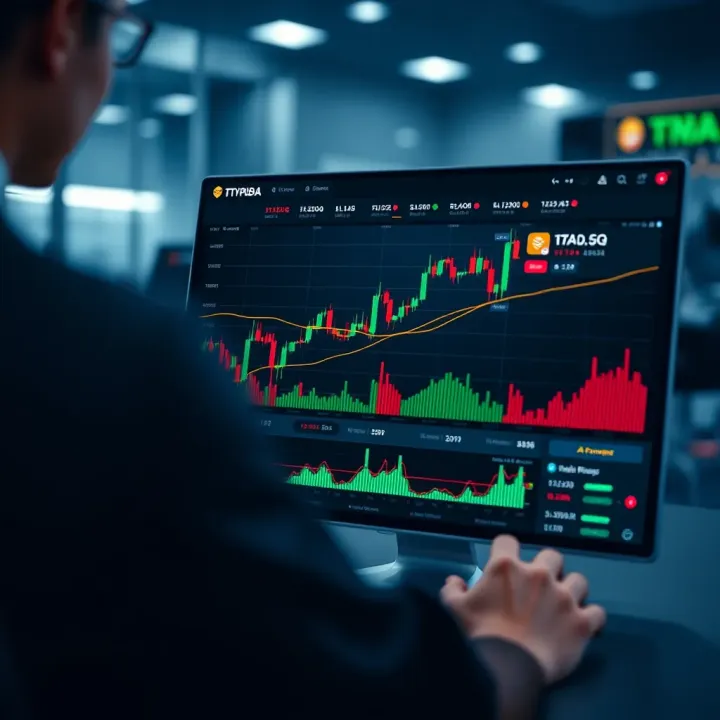 Digital interface showing cryptocurrency copy trading platform with charts and trader profiles