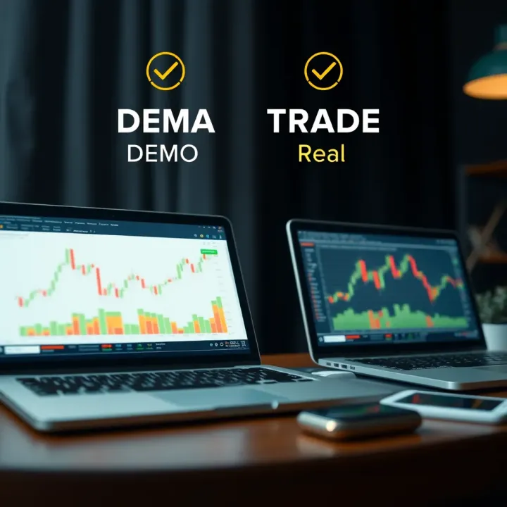 Comparison between demo and real trading accounts illustrating risk-free learning and real market challenges