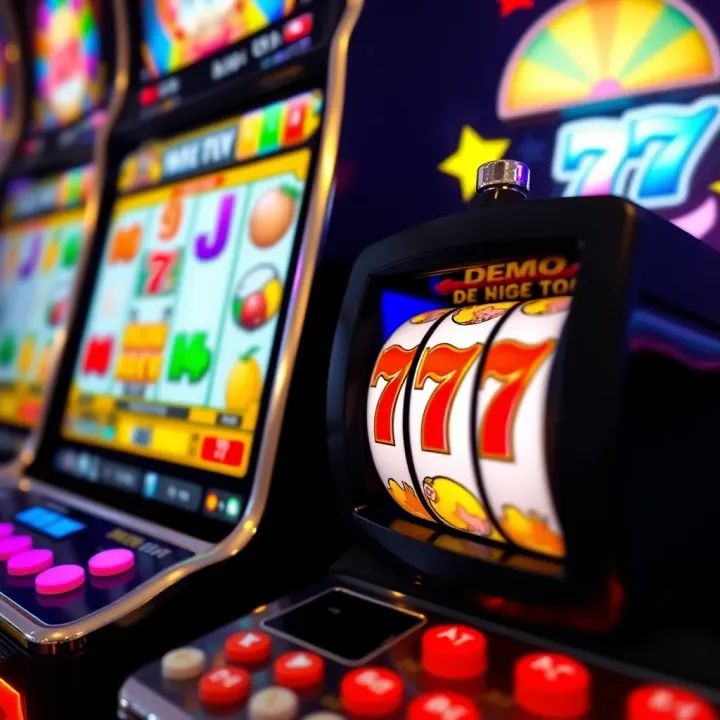 Demo Slot Machine Interface for Risk-Free Practice Slot machine interface displaying vibrant symbols and buttons for demo play