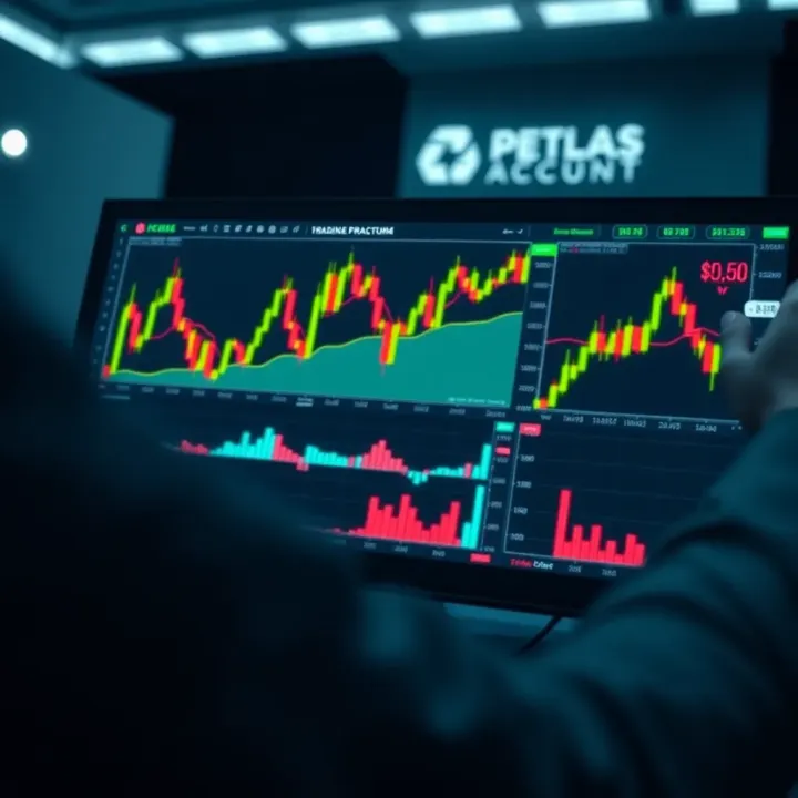 Illustration showing a trading platform interface with charts and virtual funds for practice