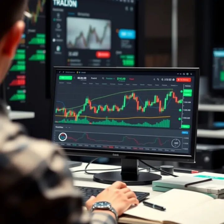 Virtual Trading Platform with Demo Account Interface Illustration of virtual trading platform interface showing market charts and demo account balance