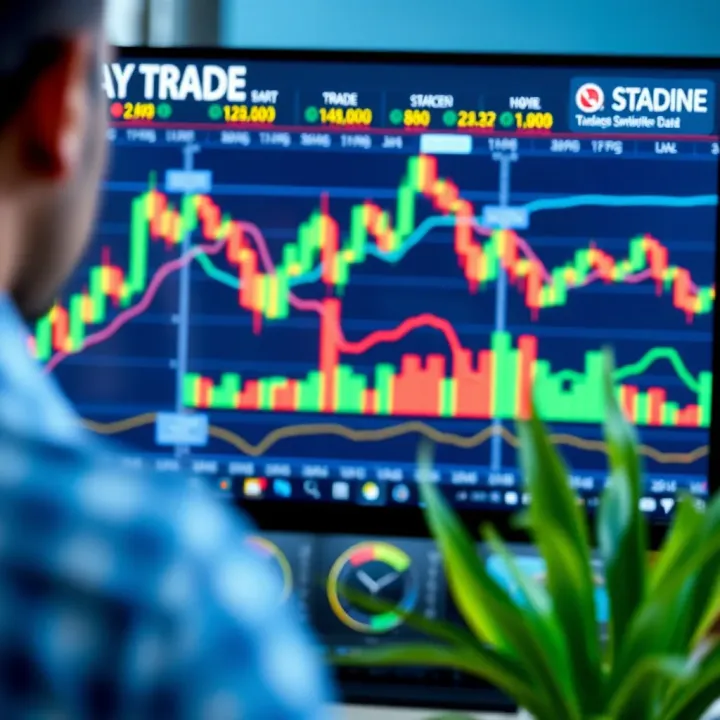 Illustration of computer screen showing trading software with multiple indicators and real-time data