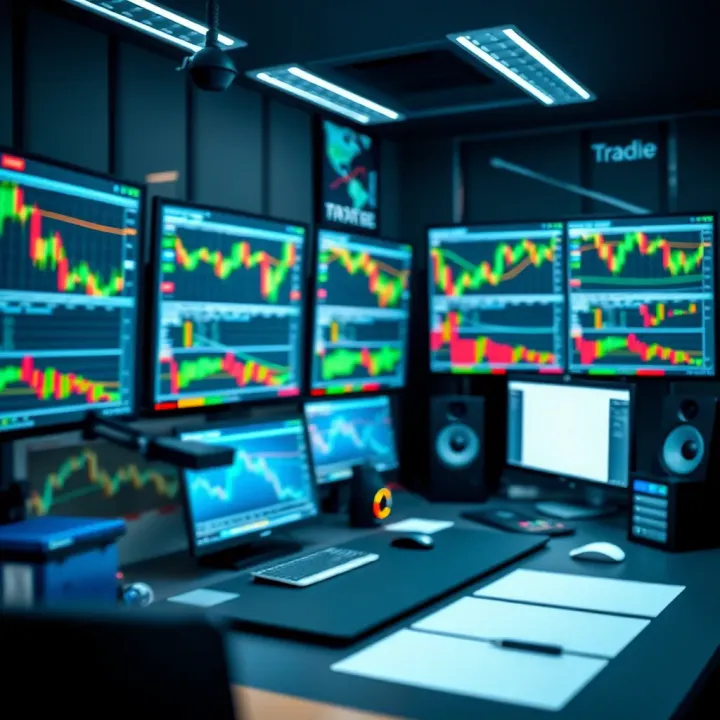 Trading Desk Setup for Day Trading Activities Illustration of a trading desk with multiple monitors displaying financial charts and real-time market data