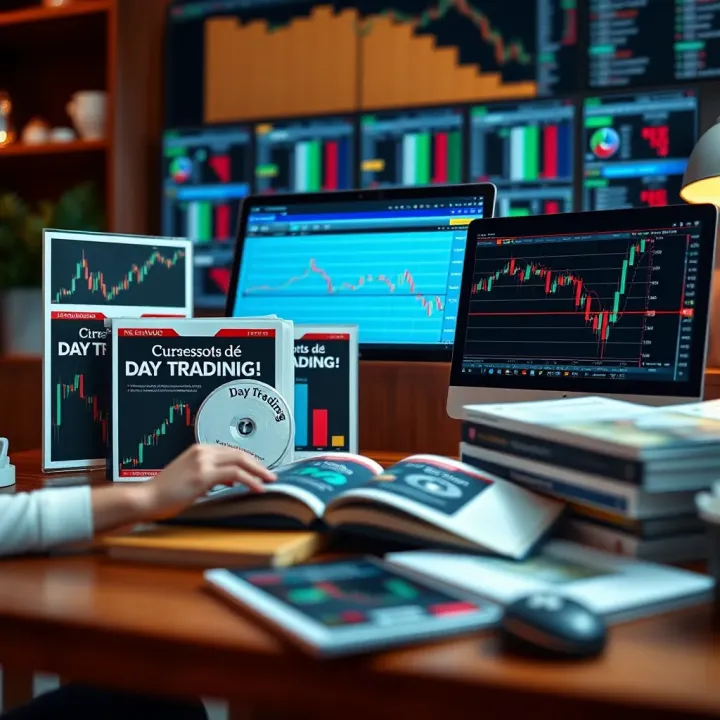 Illustration showing a selection of digital training materials and online courses for day trading education