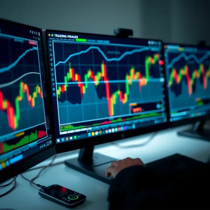 Illustration of a computer screen displaying multiple financial charts and trading indicators
