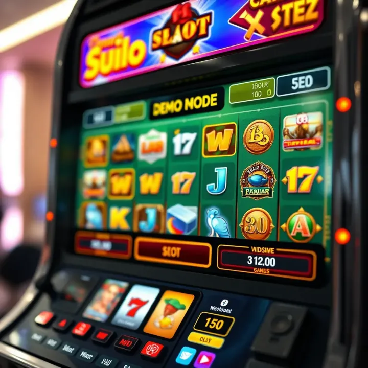 Illustration showing a digital slot machine interface displaying a variety of slot games in demo mode