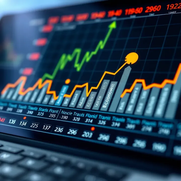Graphical representation of economic indicators with symbols denoting trends and financial decision impact