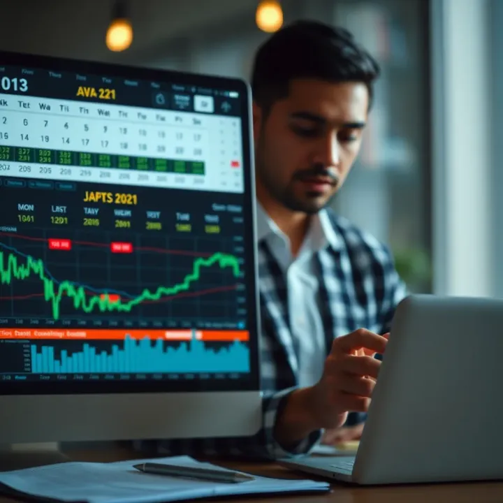 Graph and financial data analysis alongside economic calendar for informed investment decisions