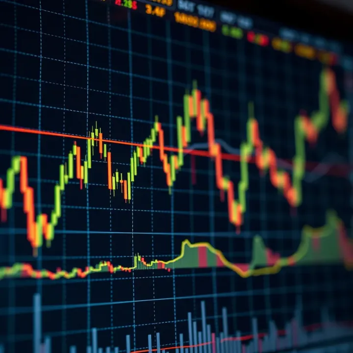 Graph showing financial market trends with various technical indicators overlaid on price data