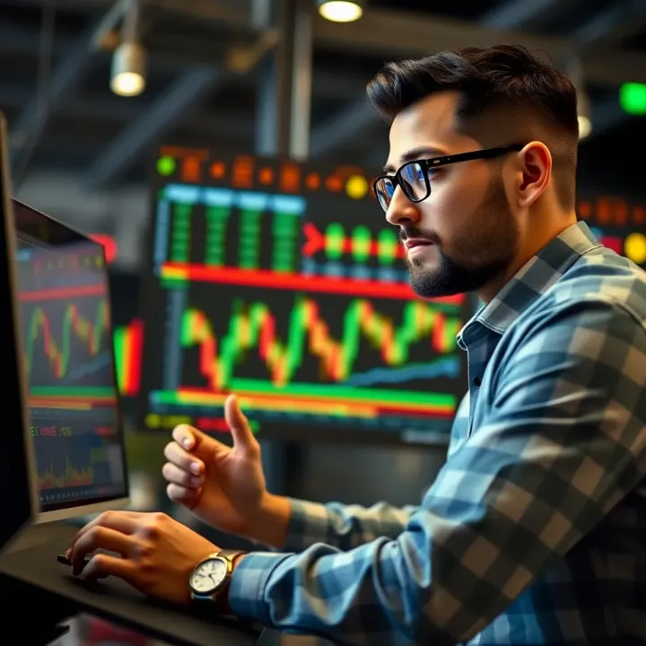 Trader analyzing charts on digital platform using demo account for practice