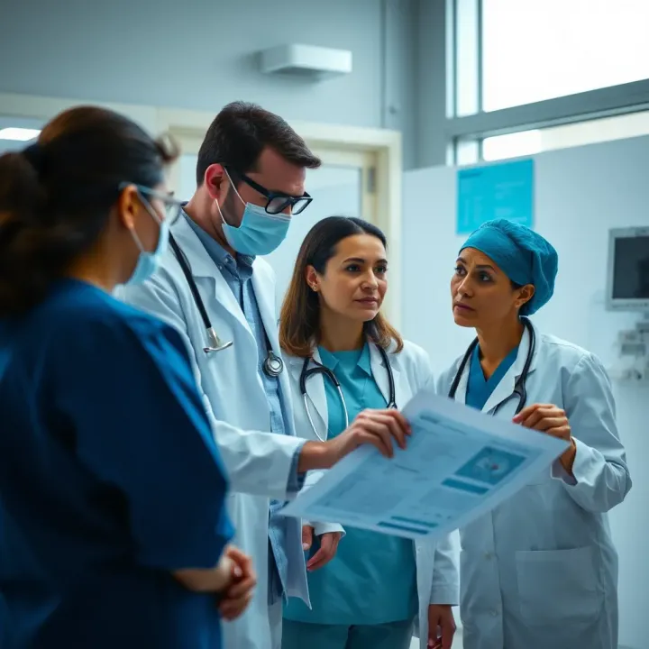 Hospital staff reviewing medical charts and discussing patient safety protocols in a clinical setting