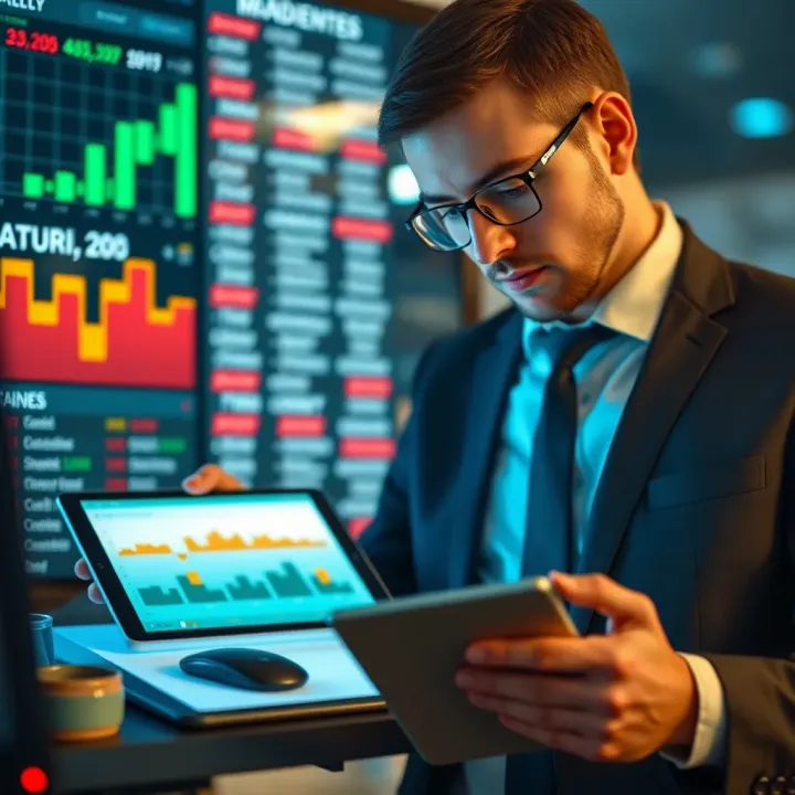 Investor Using Economic Calendar Data to Guide Investment Choices Investor analyzing data charts and economic calendar on a digital device to inform investment decisions