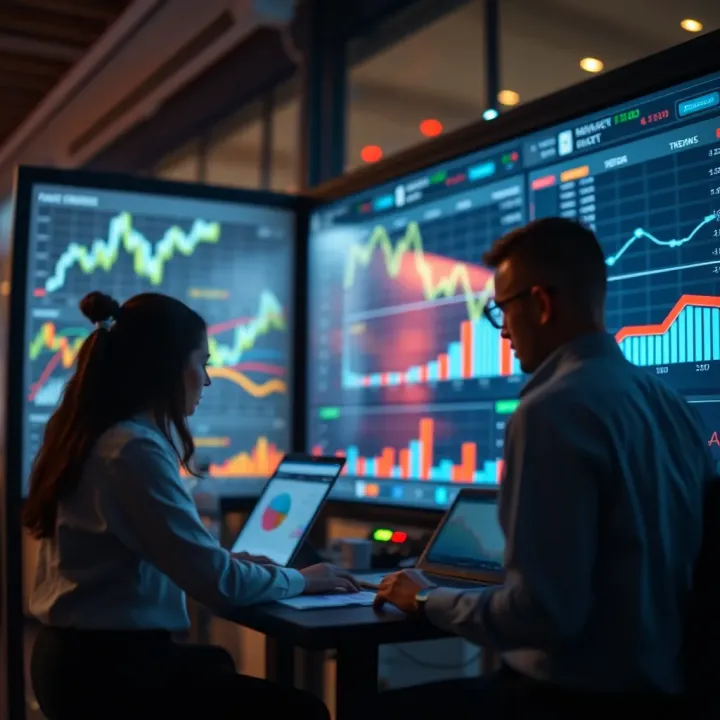 Business team analyzing market trends on a digital dashboard with charts and graphs