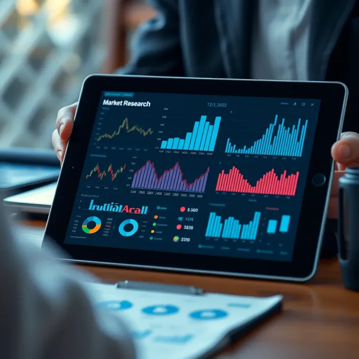 Visual Representation of Market Research Data Detailed market research data presented in charts and graphs on a digital tablet