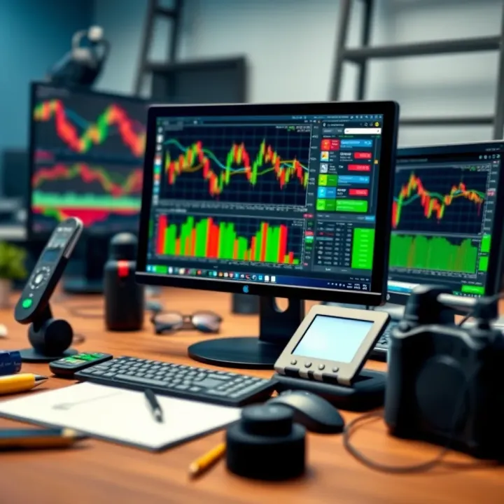 Illustration of essential tools for day trading including a computer, charts, and technical indicators