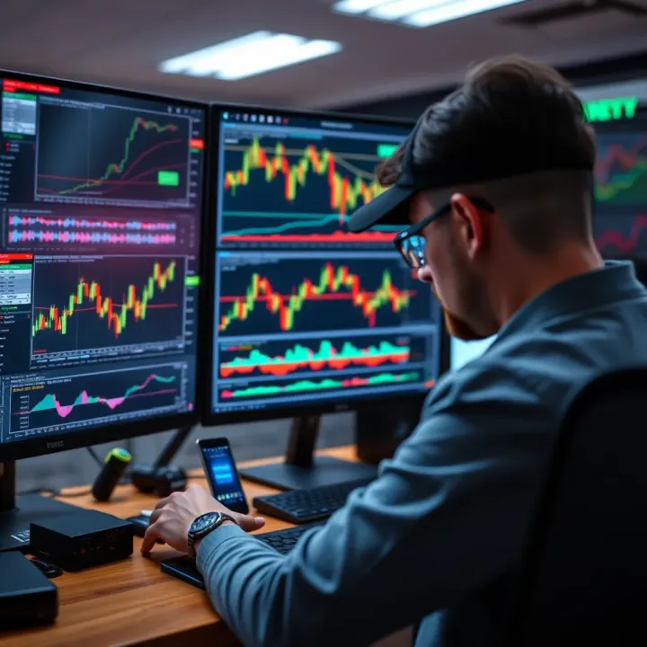 Trader's workspace with multiple monitors showing financial charts and technical indicators for price action strategies