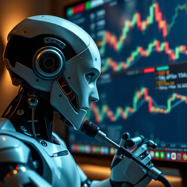 Robot Analyzing Financial Data for Binary Options Illustration of a robot analyzing financial charts for smart binary options decisions