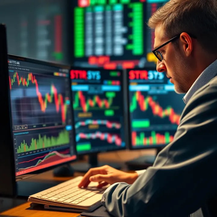 Illustration showing trader analyzing stock charts with indicators for swing trading and day trading