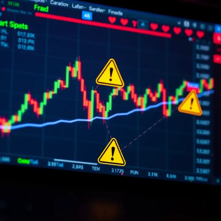 Illustration showing a chart with fluctuating binary options and warning symbols highlighting potential fraud risks