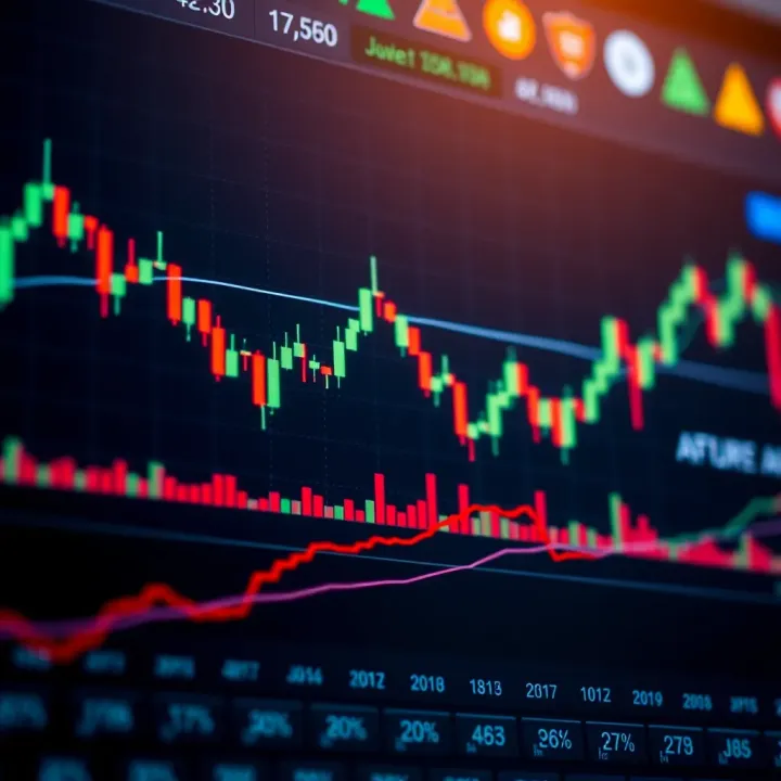 Graphic showing cryptocurrency market fluctuations with candlestick chart and trading indicators