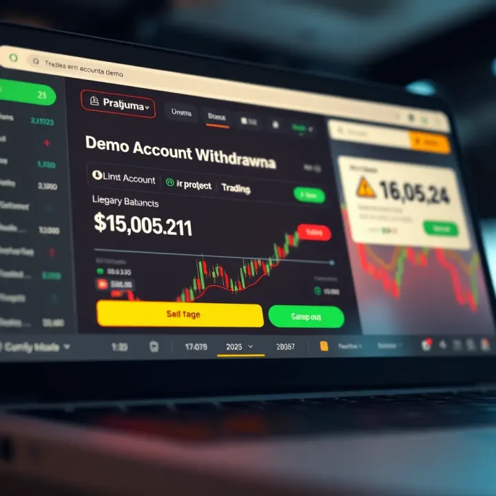 Illustration showing a virtual investment platform interface with demo account balance and trading options